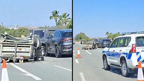 Larnaka-Ayia Napa Otoyolu Yol Çalışmasında Araç Trafik Lambasına Çarptı (Video)