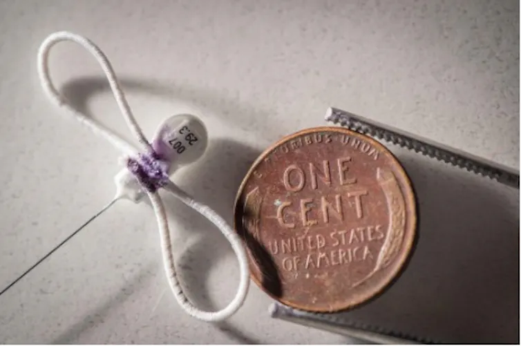 Bir kuruş ile 'One Cent' yazısındaki O harfinden daha büyük olmayan küçük bir takip cihazının karşılaştırması.